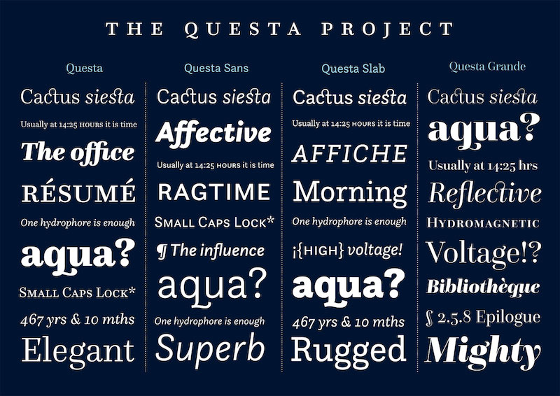 Los diferentes estilos del proyecto Questa desde Serif, Sans, Slab hasta Grande.