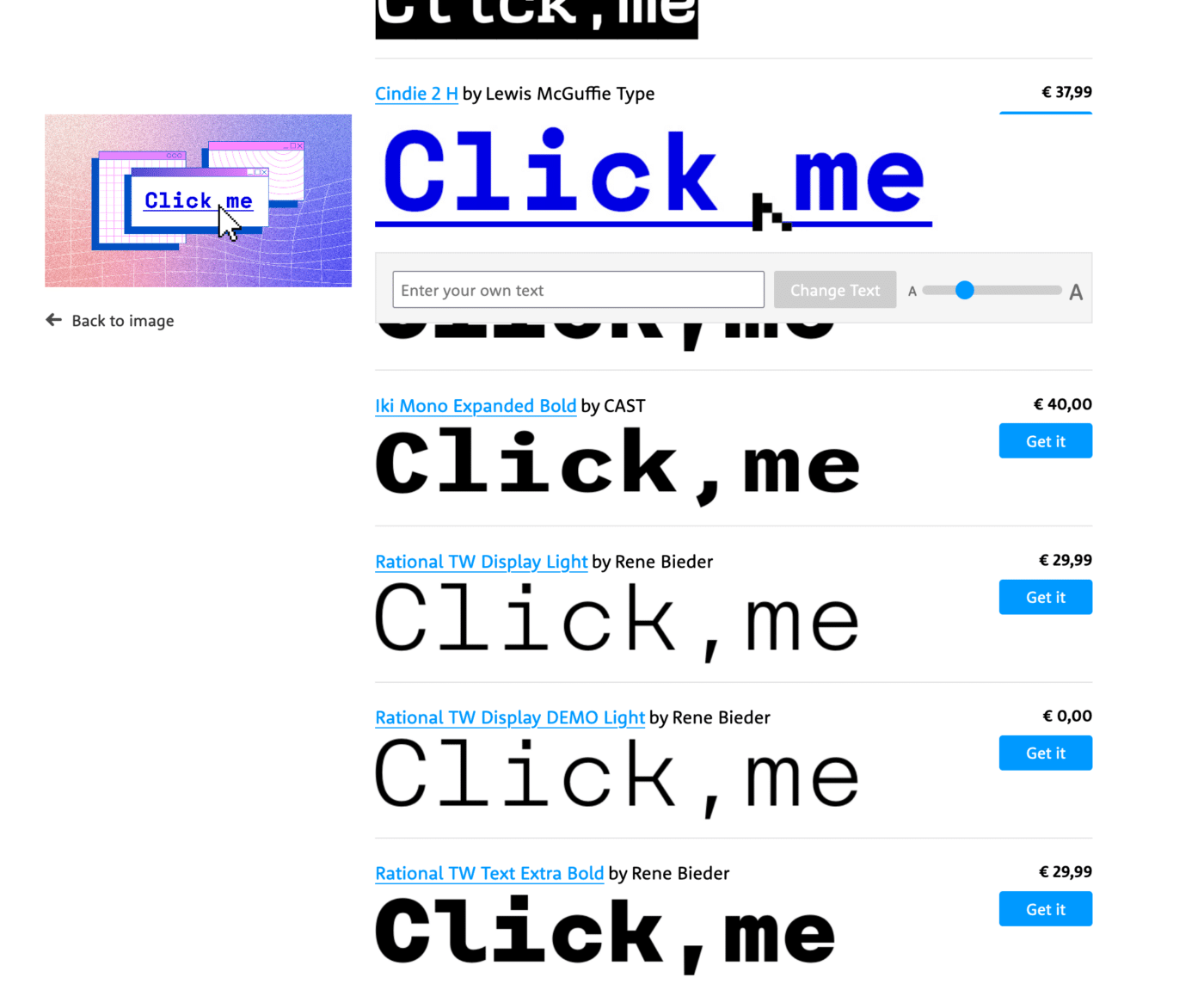Resultados de la búsqueda visual del tipo de letra monoespacio utilizado en un gráfico de encabezado de un artículo con la palabra "haz clic en mí".